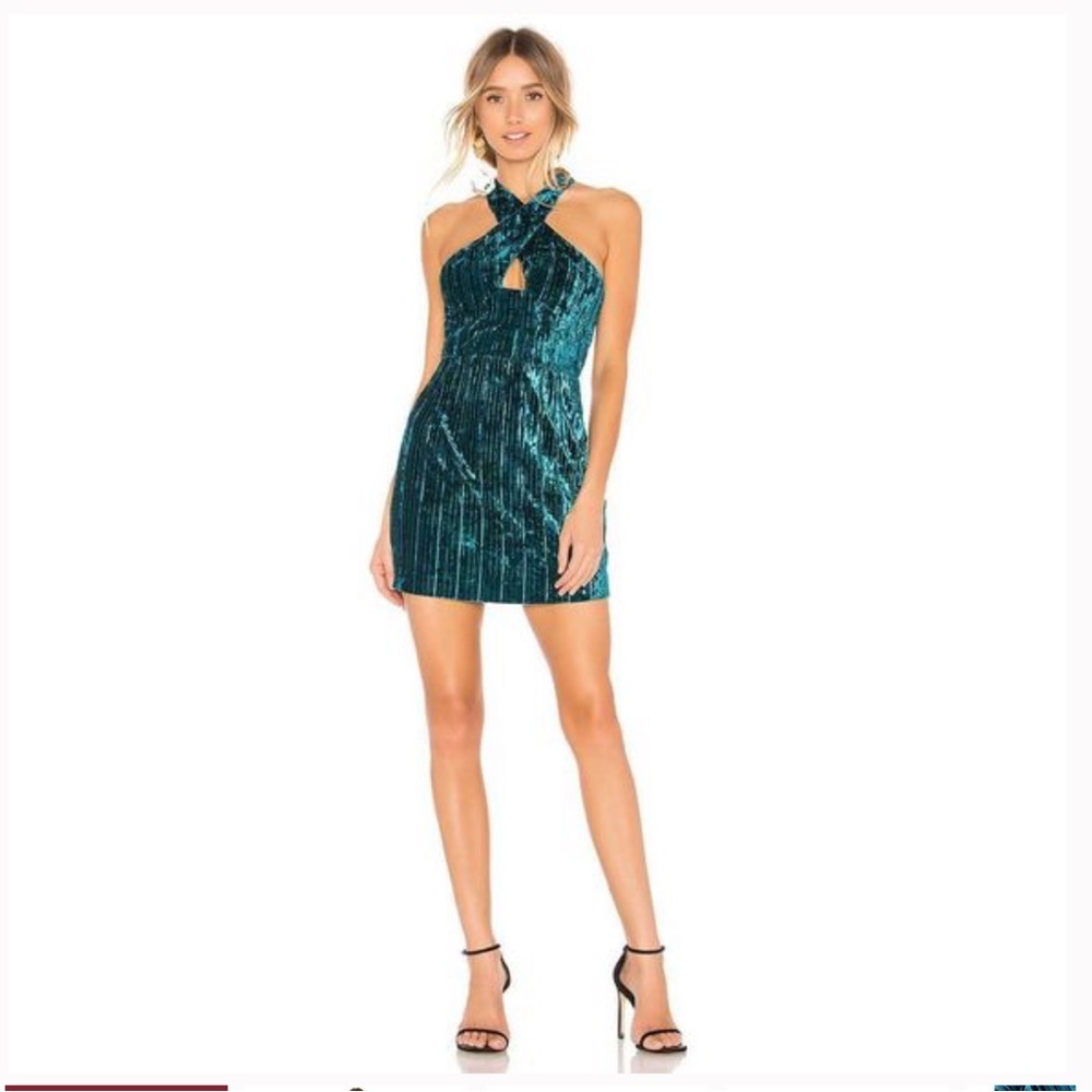Revolve x NBD Abriel Crossover Teal Velvet Mini Dress